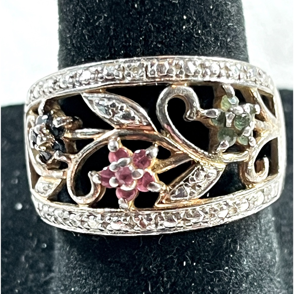 Sterling Silver Ring Gemstone Flowers size 8 Gold Over 925 Ruby Emerald Sapphire